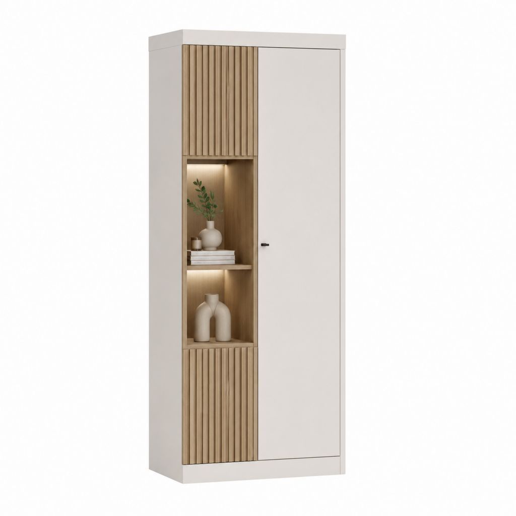 Vitrine de salon rectangulaire blanc et chêne en panneaux mélaminés 80 x 40 x 190 cm avec éclairage LED