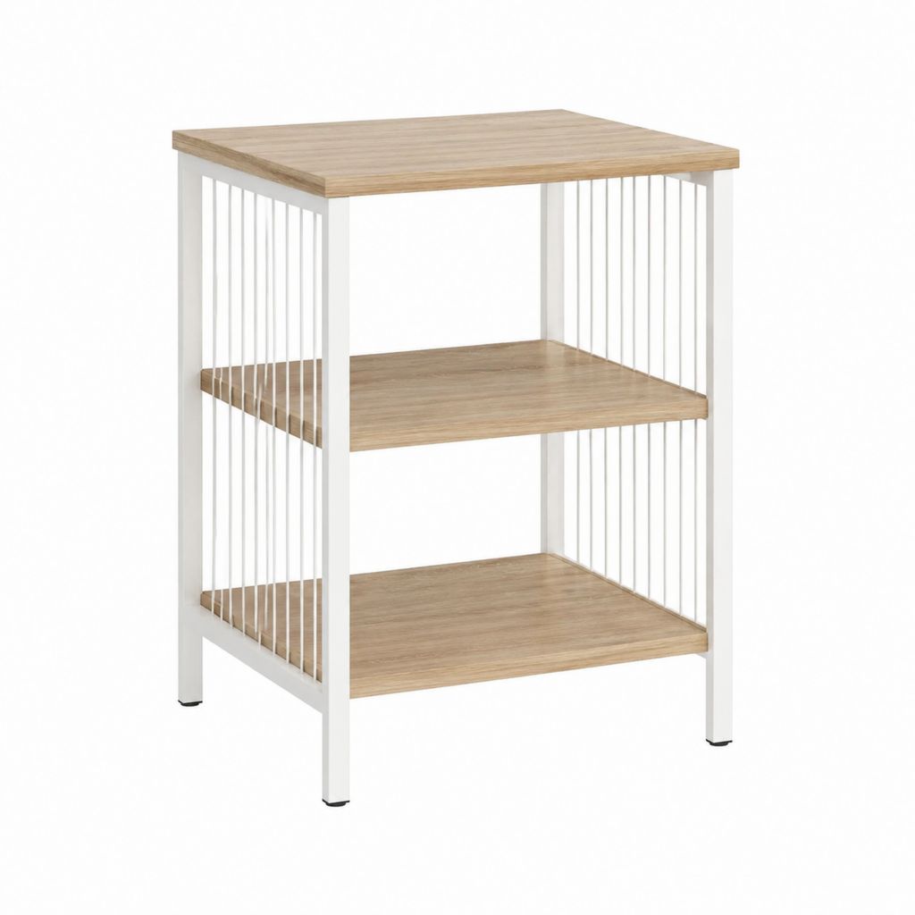 Table d’appoint carrée 3 niveaux blanche et chêne en acier et MDF 40 x 40 x 60 cm
