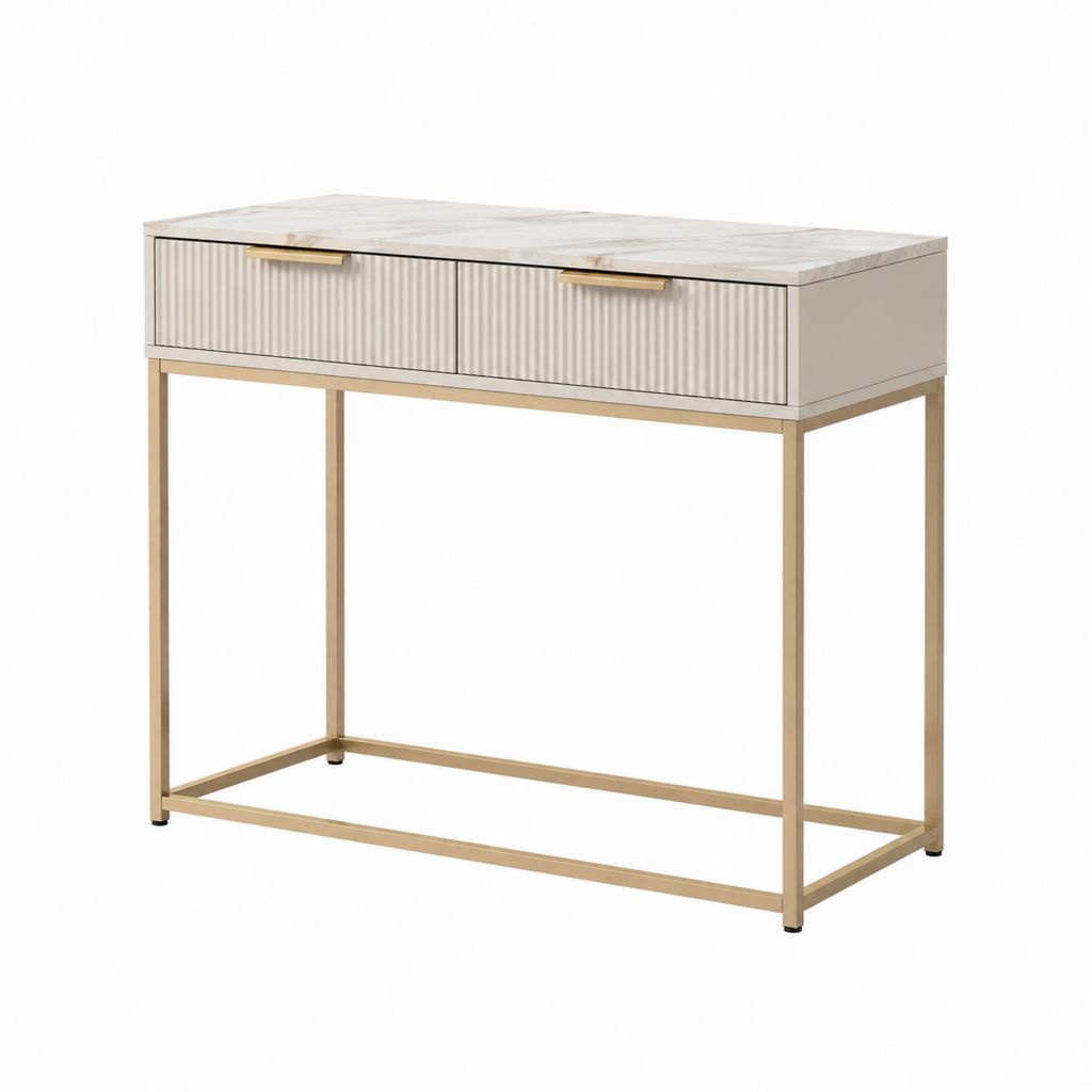 Console d'entrée avec 2 tiroirs blanche et dorée en MDF et acier 100 x 35 x 80 cm