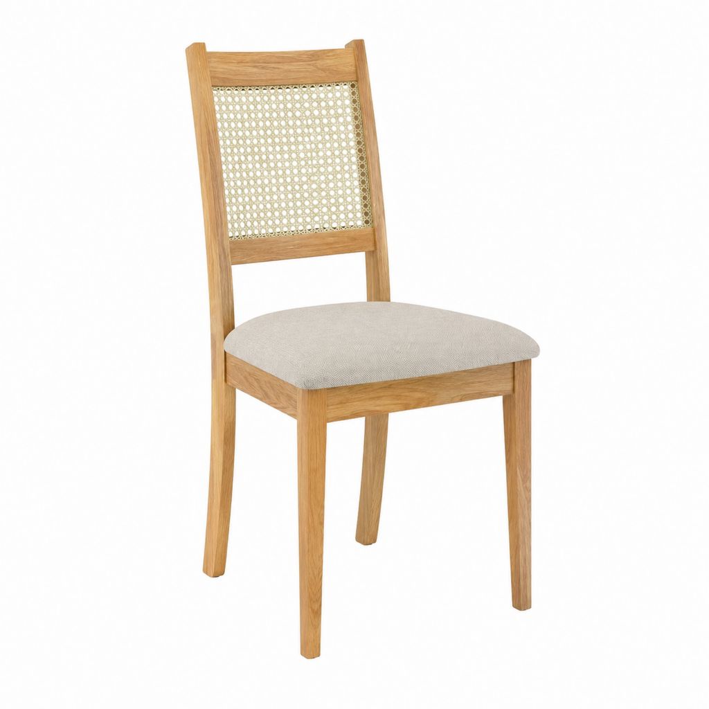 Chaise de salle à manger en chêne massif naturel avec dossier en rotin et assise en polyester beige 45 x 55 x 97 cm