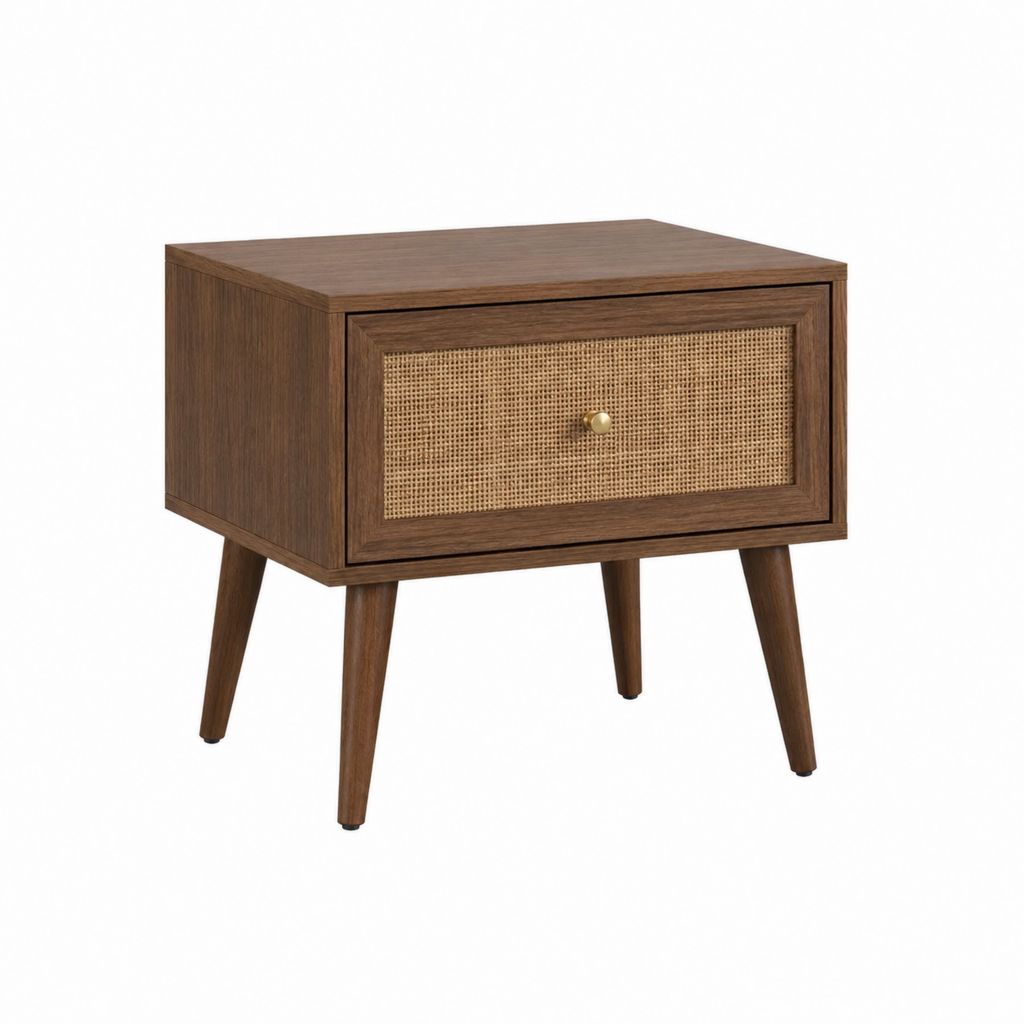 Table d'appoint avec tiroir marron en MDF plaqué noyer et rotin rectangulaire 50 x 40 x 55 cm