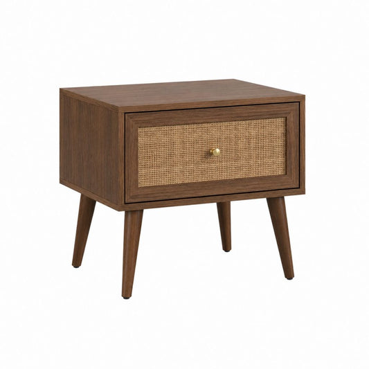 Table d'appoint avec tiroir marron en MDF plaqué noyer et rotin rectangulaire 50 x 40 x 55 cm
