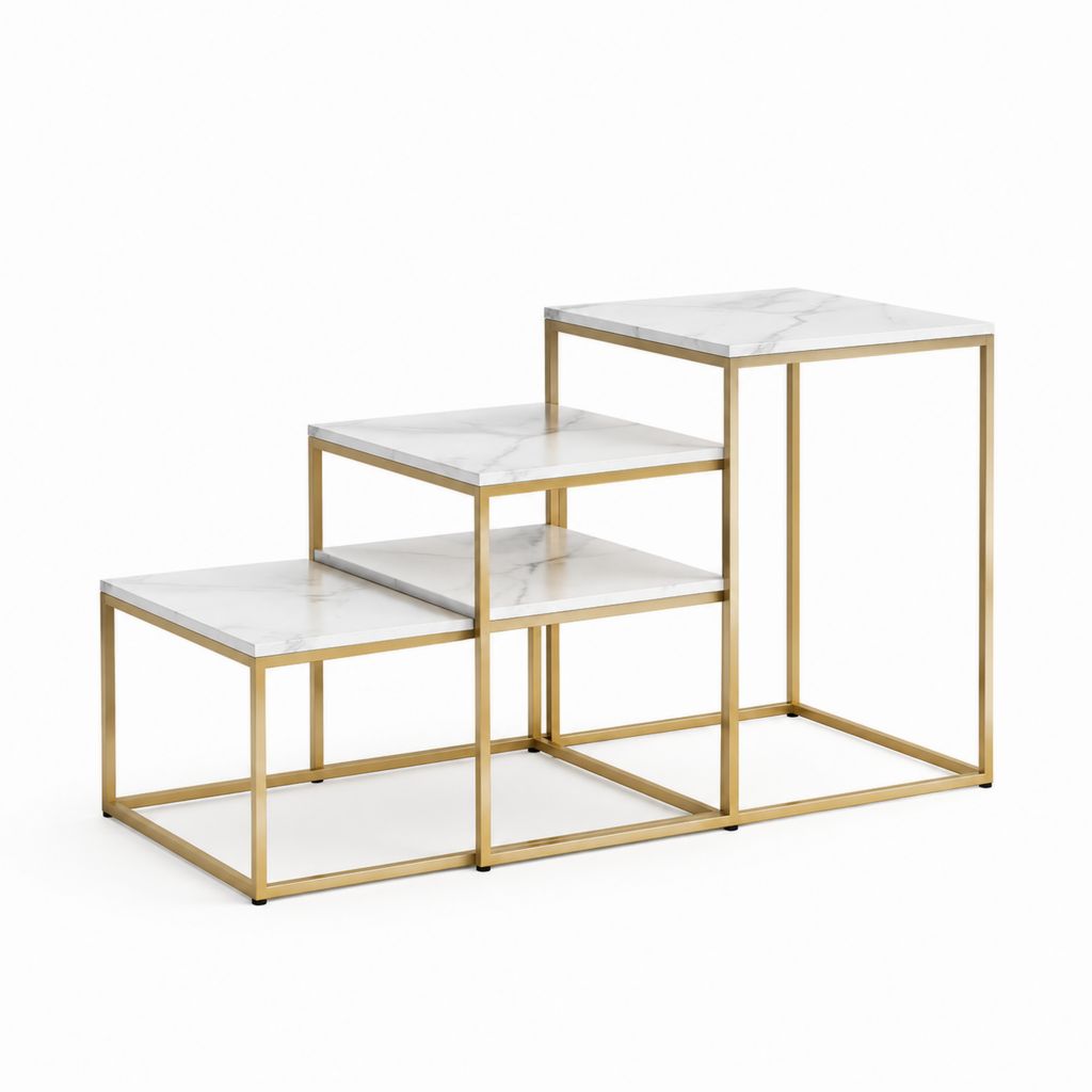 Lot de 3 tables basses gigognes carrées blanc effet marbre et acier doré 45 x 45 x 45 cm 40 x 40 x 55 cm 35 x 35 x 65 cm