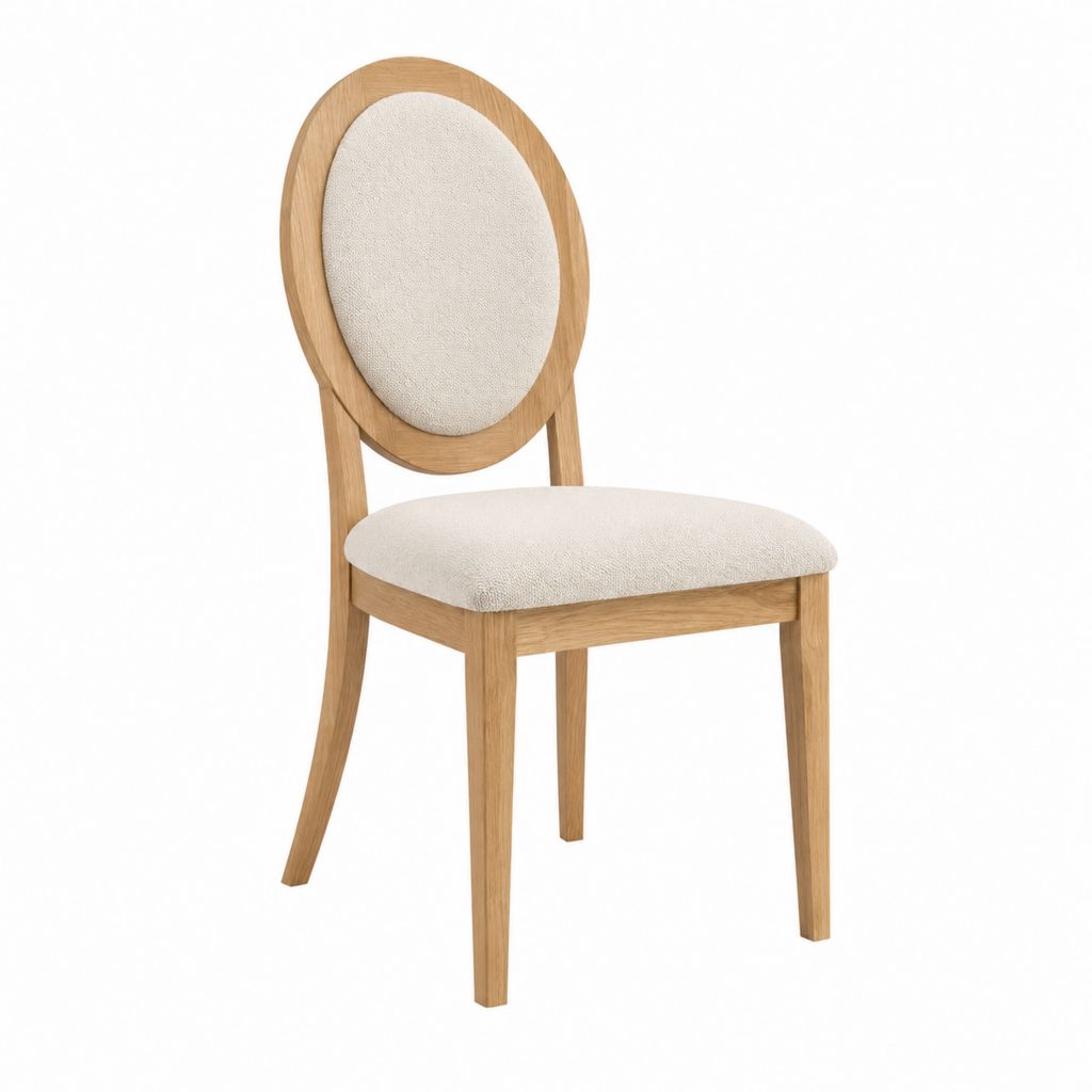 Chaise de salle à manger beige en chêne massif et polyester bouclette dossier ovale 48 x 56 x 90 cm