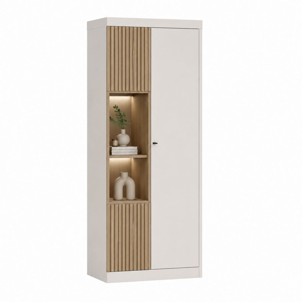 Vitrine de salon rectangulaire blanc et chêne en panneaux mélaminés 80 x 40 x 190 cm avec éclairage LED