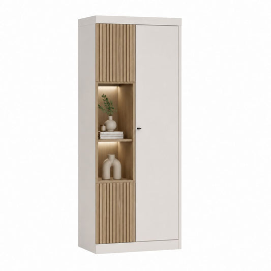 Vitrine de salon rectangulaire blanc et chêne en panneaux mélaminés 80 x 40 x 190 cm avec éclairage LED