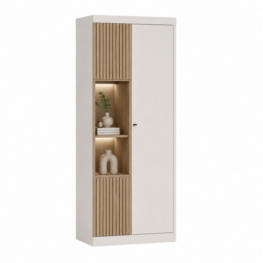 Vitrine de salon rectangulaire blanc et chêne en panneaux mélaminés 80 x 40 x 190 cm avec éclairage LED