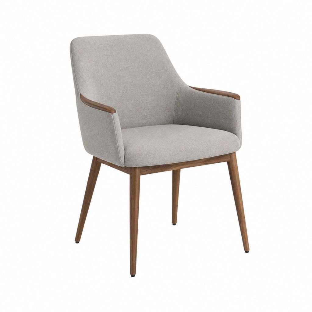 Chaise de salle à manger avec accoudoirs grise en polyester et bois d’hévéa dossier arrondi 57 x 61 x 84 cm