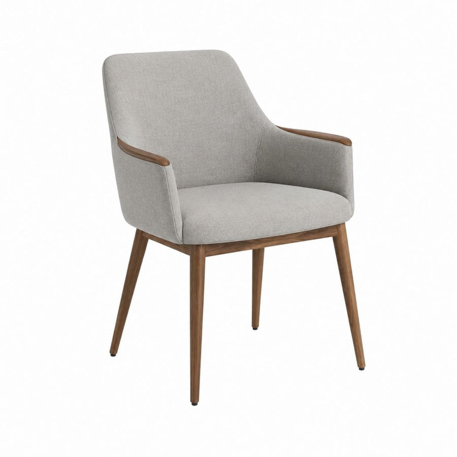 Chaise de salle à manger avec accoudoirs grise en polyester et bois d’hévéa dossier arrondi 57 x 61 x 84 cm