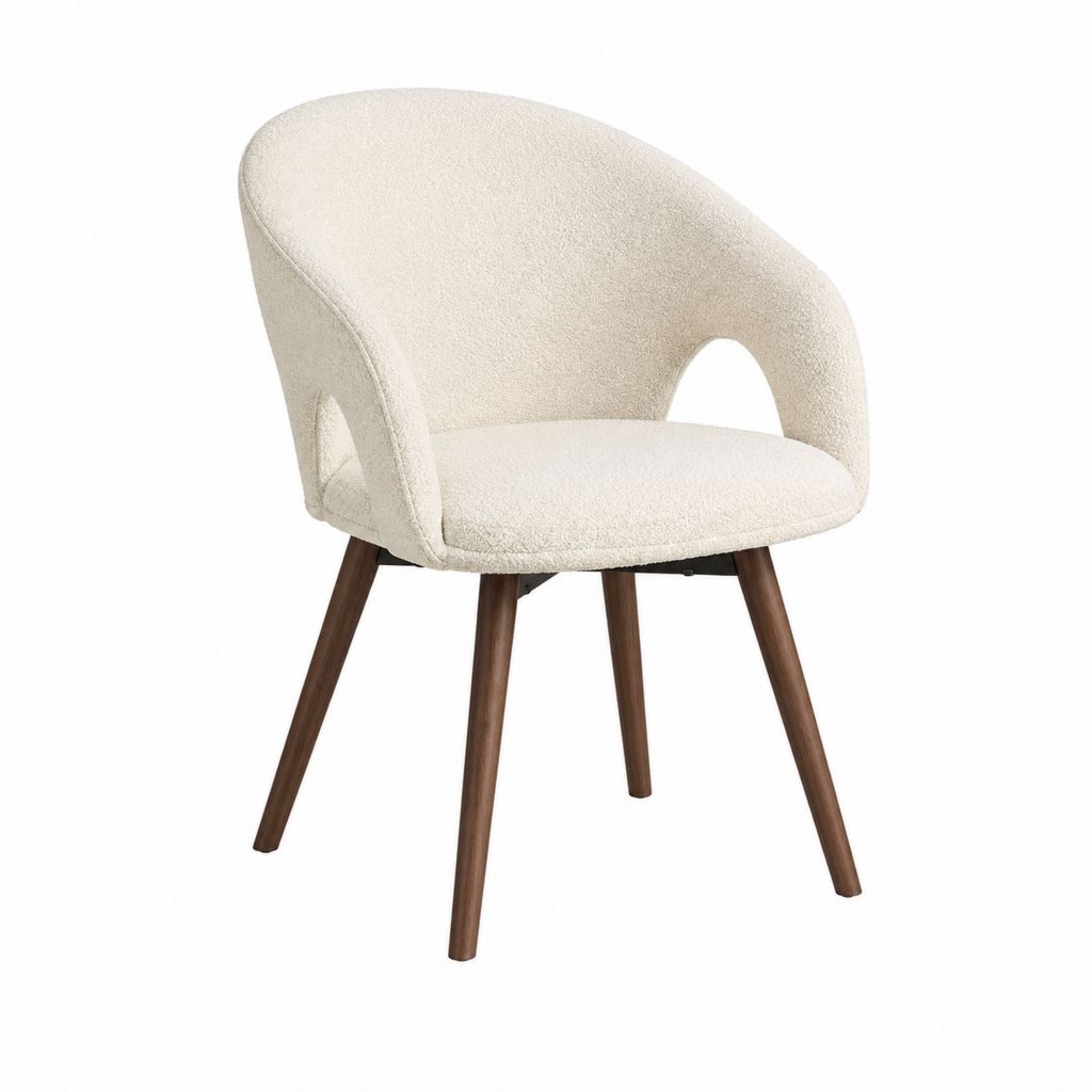 Chaise de salle à manger avec accoudoirs écrue en polyester bouclette et bois d'hévéa 58 x 60 x 80 cm