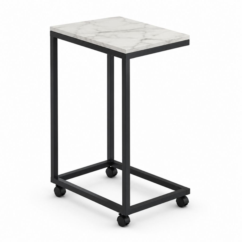 Table d’appoint mobile rectangulaire blanc effet marbre et noir en acier 50 x 30 x 65 cm